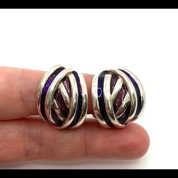 Clip Ons Clips Earrings Silver Tone Purple Maroon Enamel - Picture 5 of 11